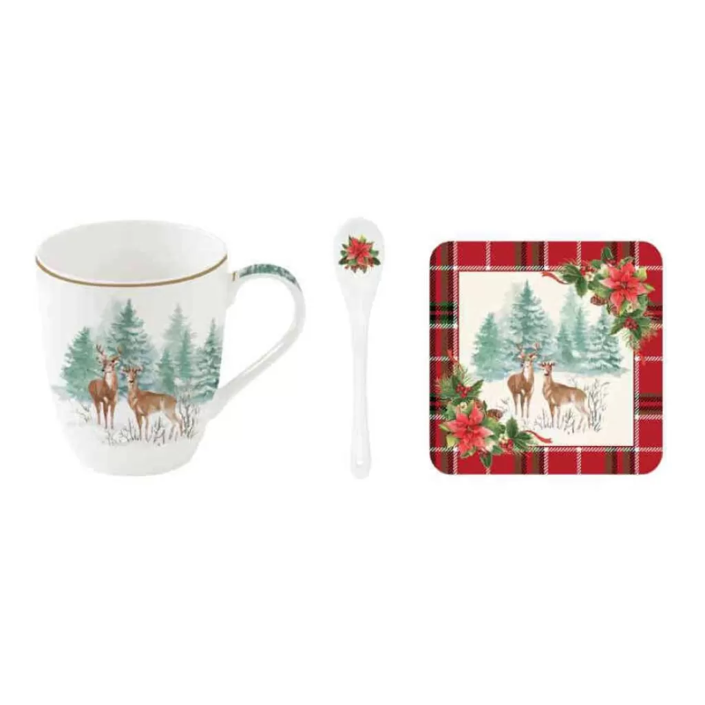 Easy Life Tableware Porcelain Mug 350 Ml W/Spoon And Cork Coaster Hot
