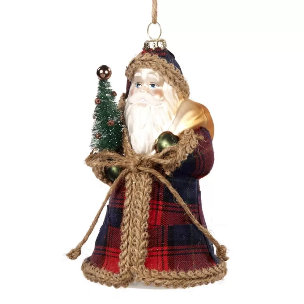 Goodwill Glass Fabric Tartan Santa Ornament Tr 27114 Clearance