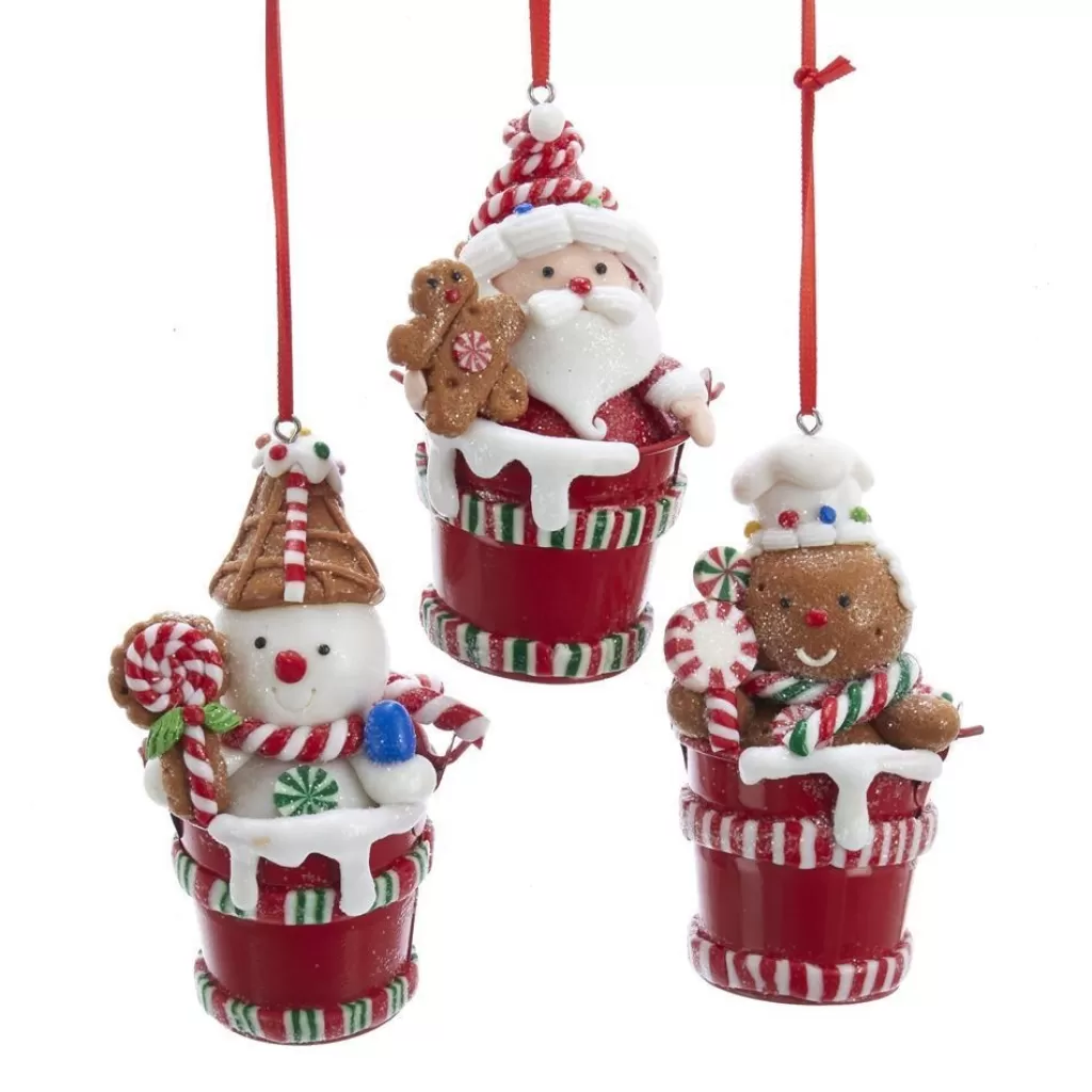 Kurt Adler Nyc D3624 Santa, Gingerbread Man And Snowman Bucket Ornaments, 3 Assorted New